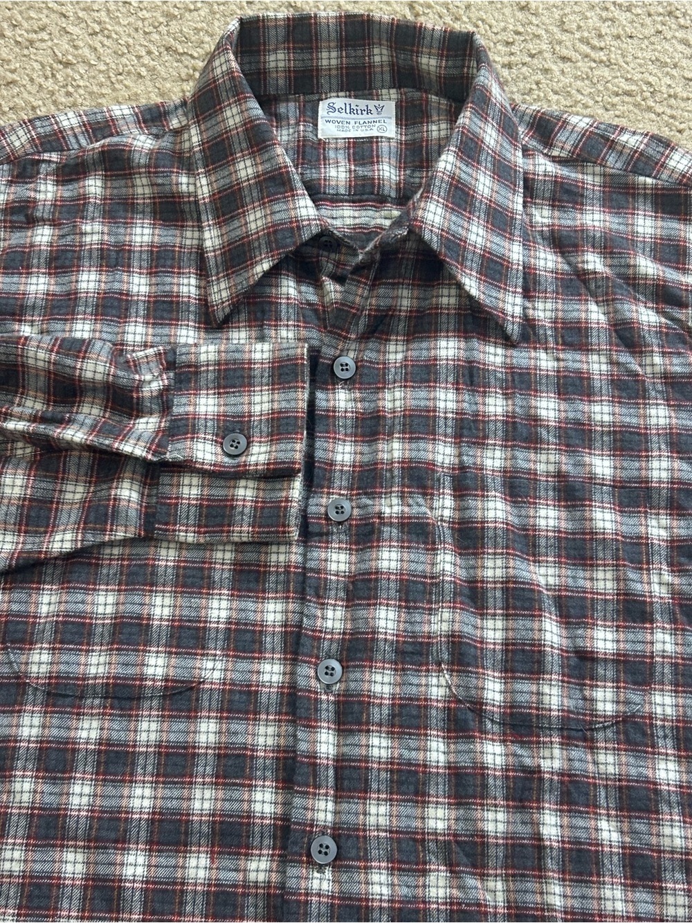 Vintage 1980’s Selkirk Woven Flannel Button Up Shirt Cotton USA Made Men’s XL